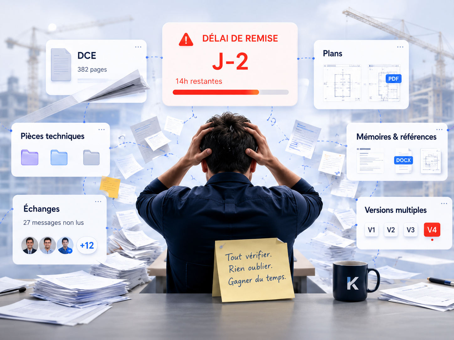 Chaos avant Kritera — homme stressé entouré de documents