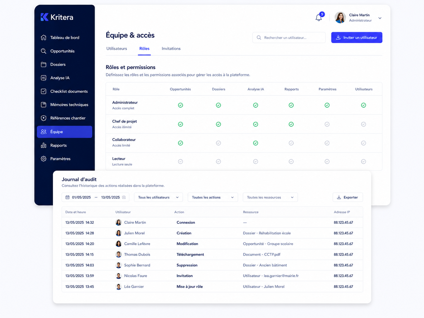 Interface Kritera — Équipe & accès et Journal d'audit
